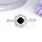 Dainty Plain Polished Band Radiant Flower Halo Princess Cut Black Onyx Engagement Ring - Additional view