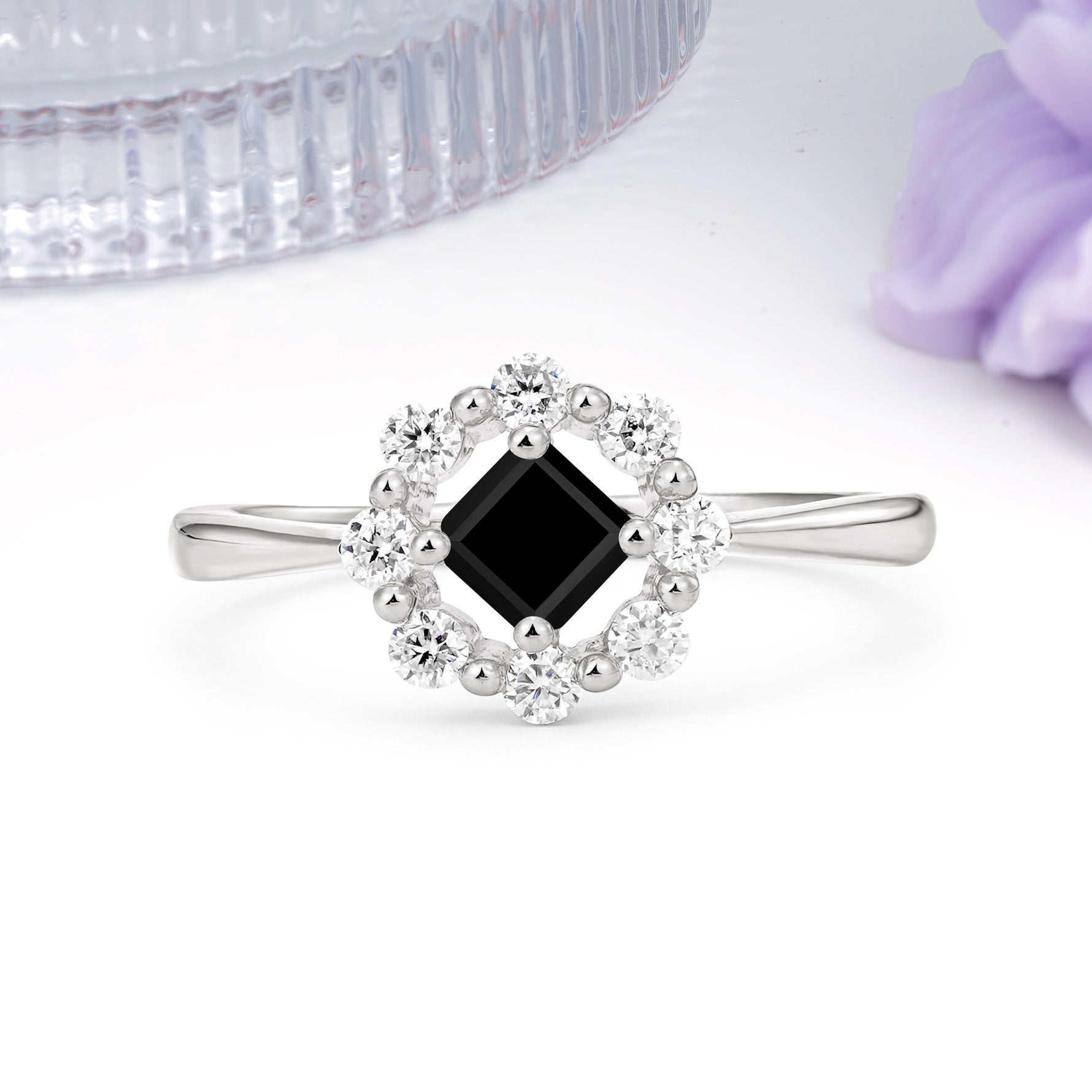 Dainty Plain Polished Band Radiant Flower Halo Princess Cut Black Onyx Engagement Ring - Additional view
