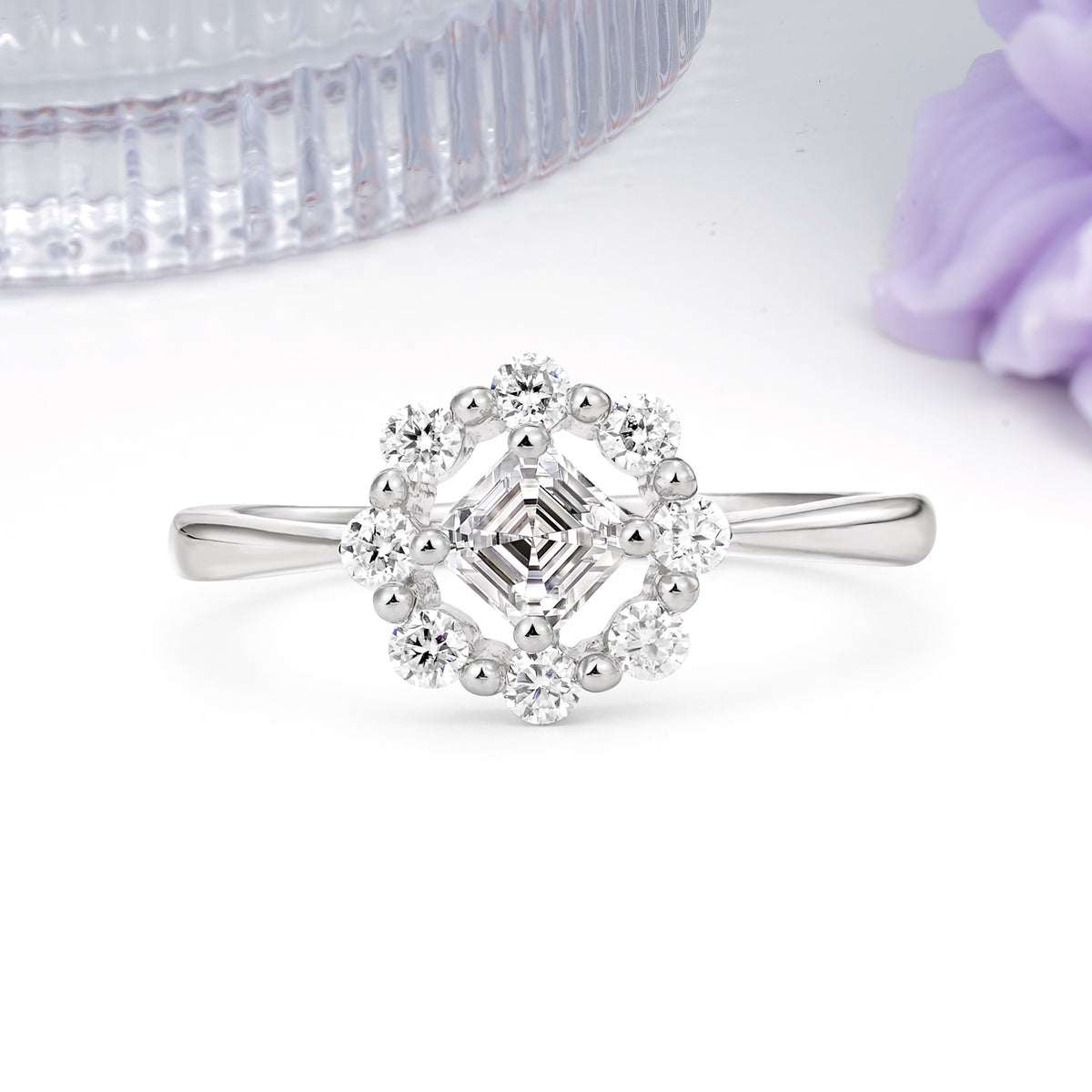 Dainty Plain Polished Band Radiant Flower Halo Princess Cut Lab Diamond Engagement Ring - Additional view