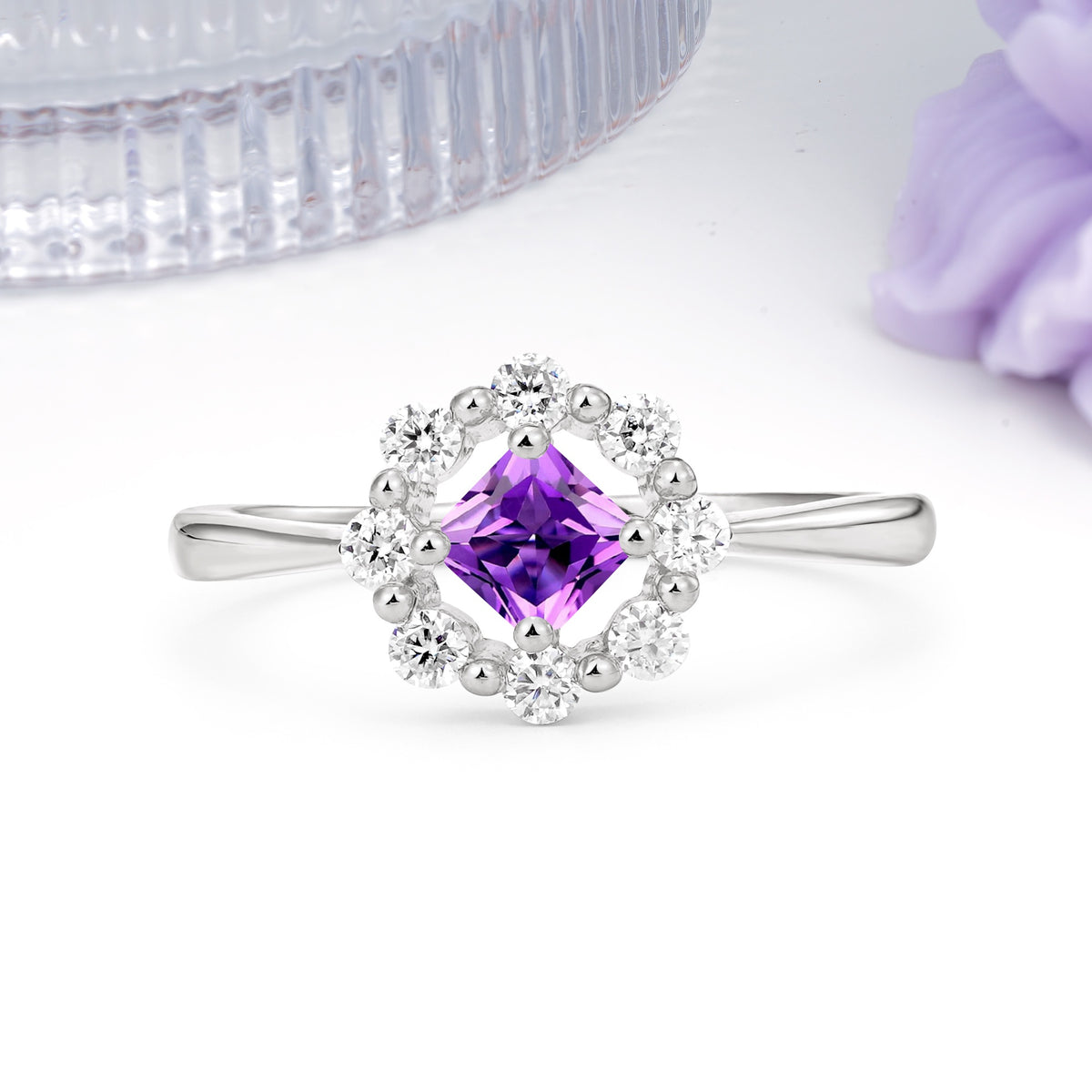 Dainty Plain Polished Band Radiant Flower Halo Princess Cut Amethyst Engagement Ring - Additional view
