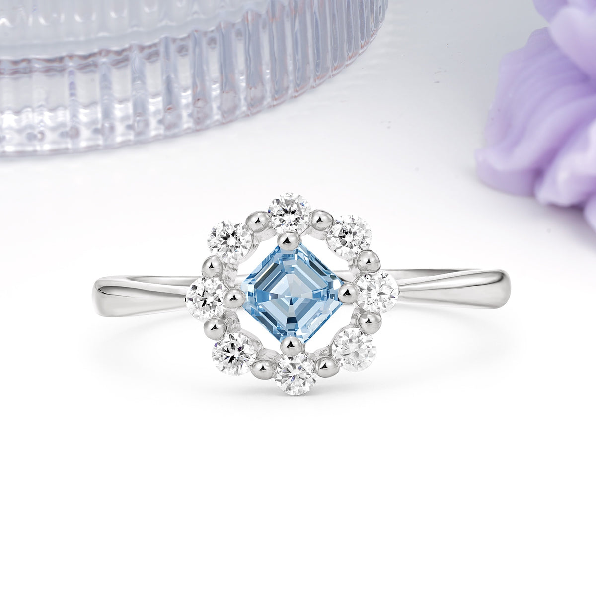 Dainty Plain Polished Band Radiant Flower Halo Princess Cut Aquamarine Engagement Ring - Additional view