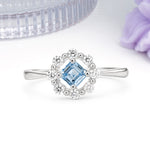 Dainty Plain Polished Band Radiant Flower Halo Princess Cut Aquamarine Engagement Ring - Additional view