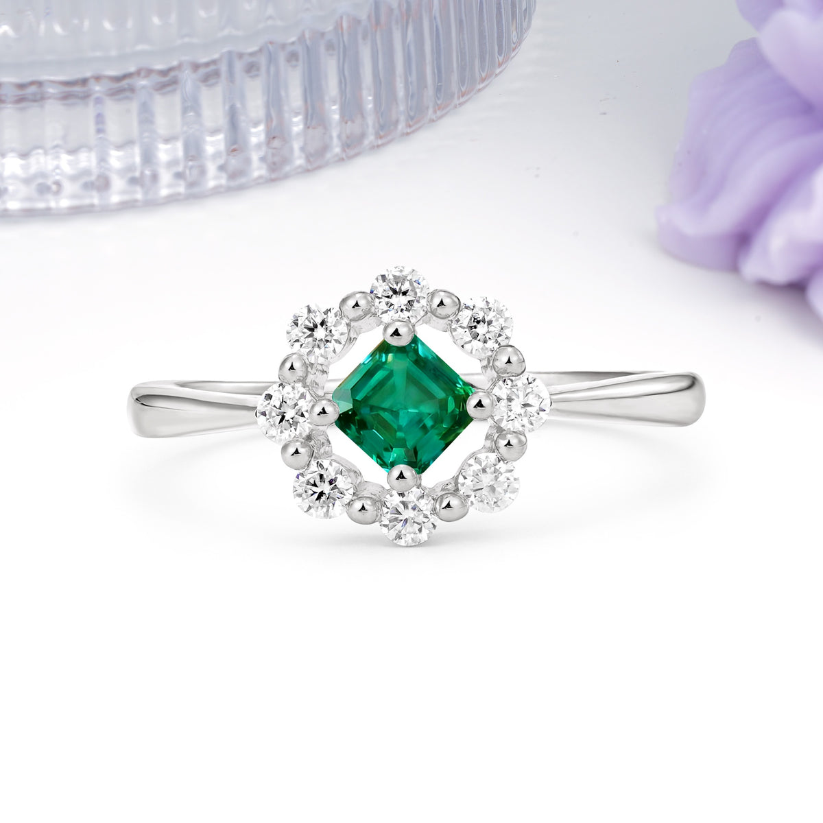 Dainty Plain Polished Band Radiant Flower Halo Princess Cut Emerald Engagement Ring - Additional view