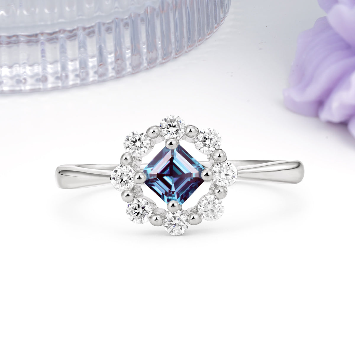 Dainty Plain Polished Band Radiant Flower Halo Princess Cut Alexandrite Engagement Ring - Additional view