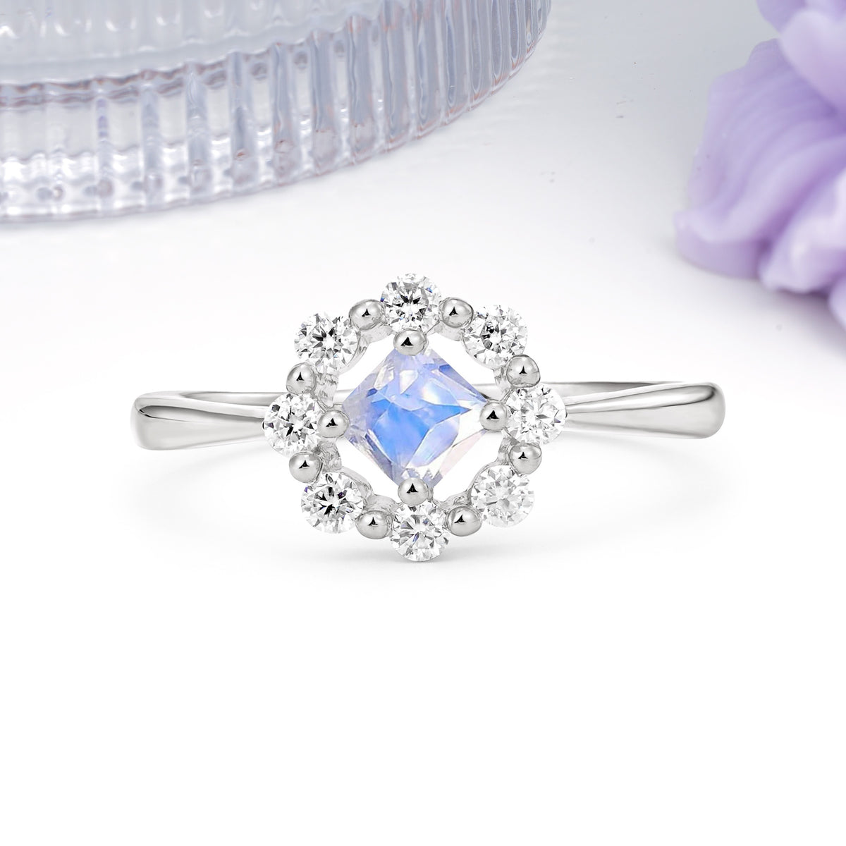 Dainty Plain Polished Band Radiant Flower Halo Princess Cut Moonstone Engagement Ring - Additional view