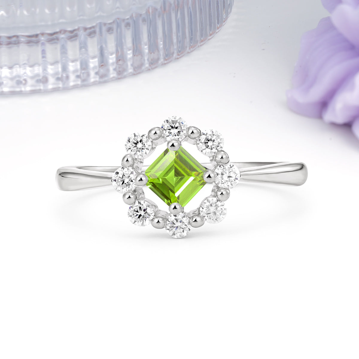 Dainty Plain Polished Band Radiant Flower Halo Princess Cut Peridot Engagement Ring - Additional view