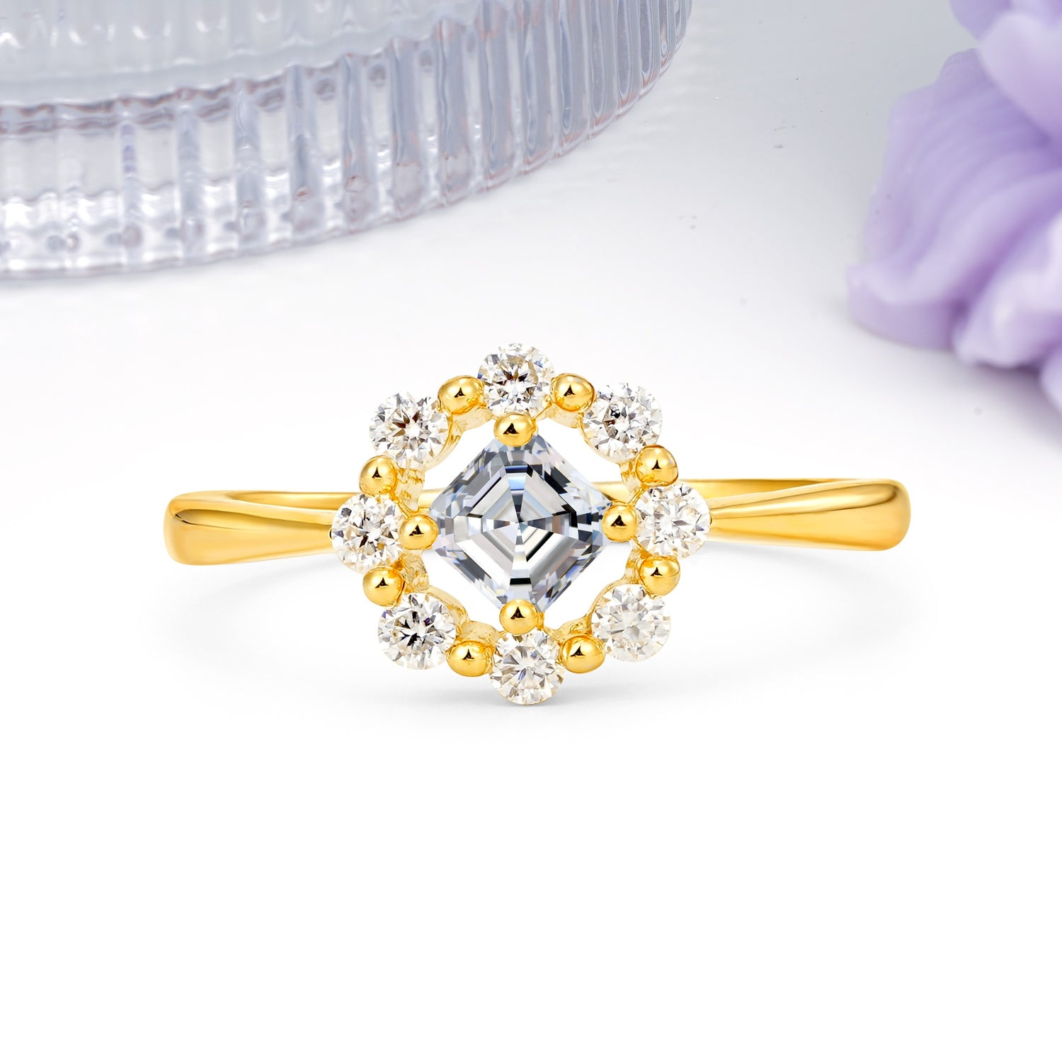 Dainty Plain Polished Band Radiant Flower Halo Princess Cut Moissanite Engagement Ring - Additional view