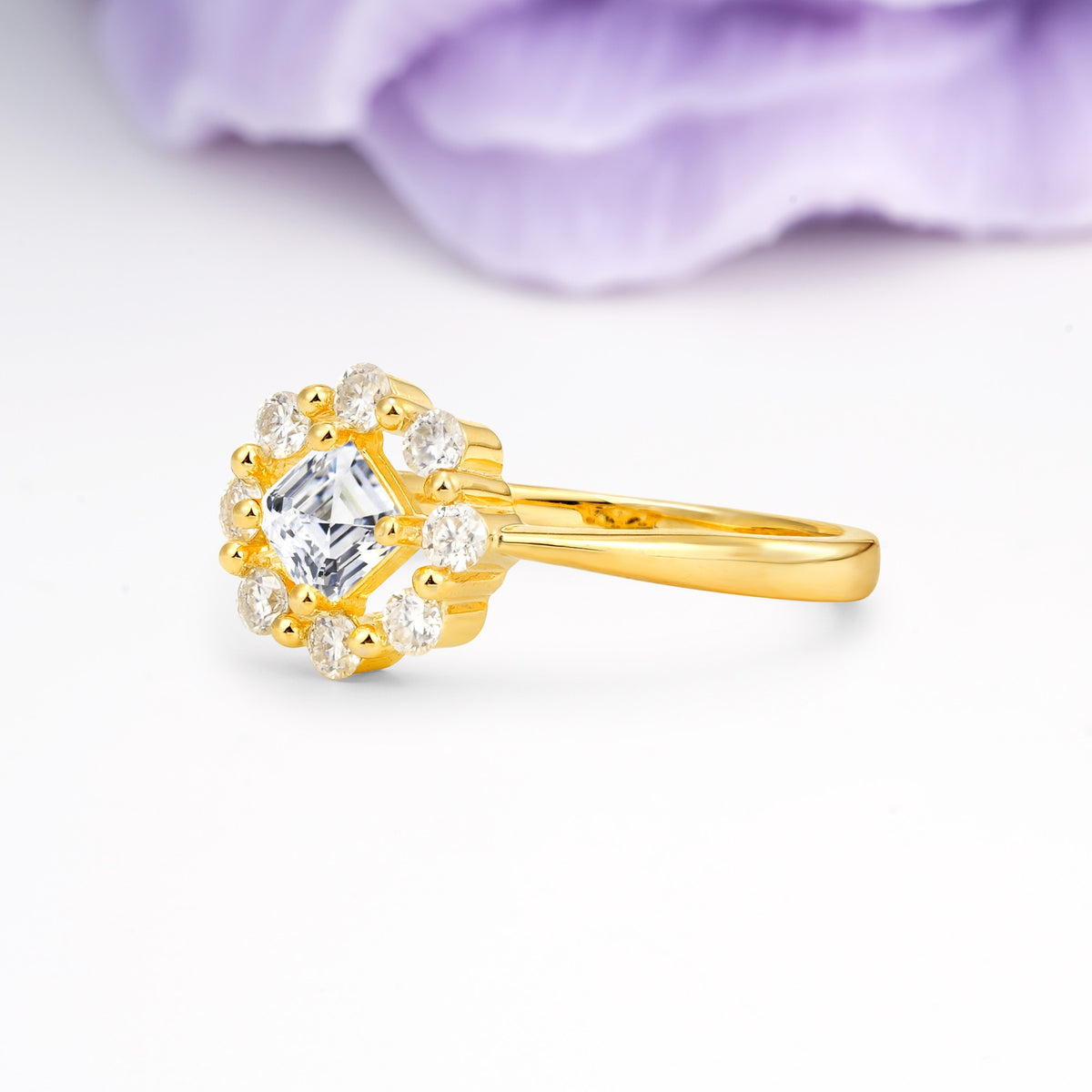 Dainty Plain Polished Band Radiant Flower Halo Princess Cut Moissanite Engagement Ring - Additional view