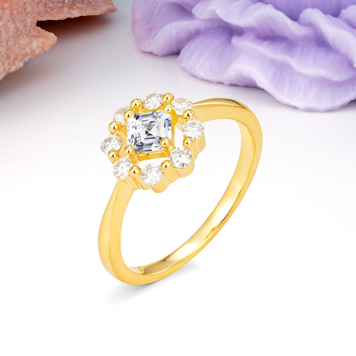 Dainty Plain Polished Band Radiant Flower Halo Princess Cut Moissanite Engagement Ring - Additional view