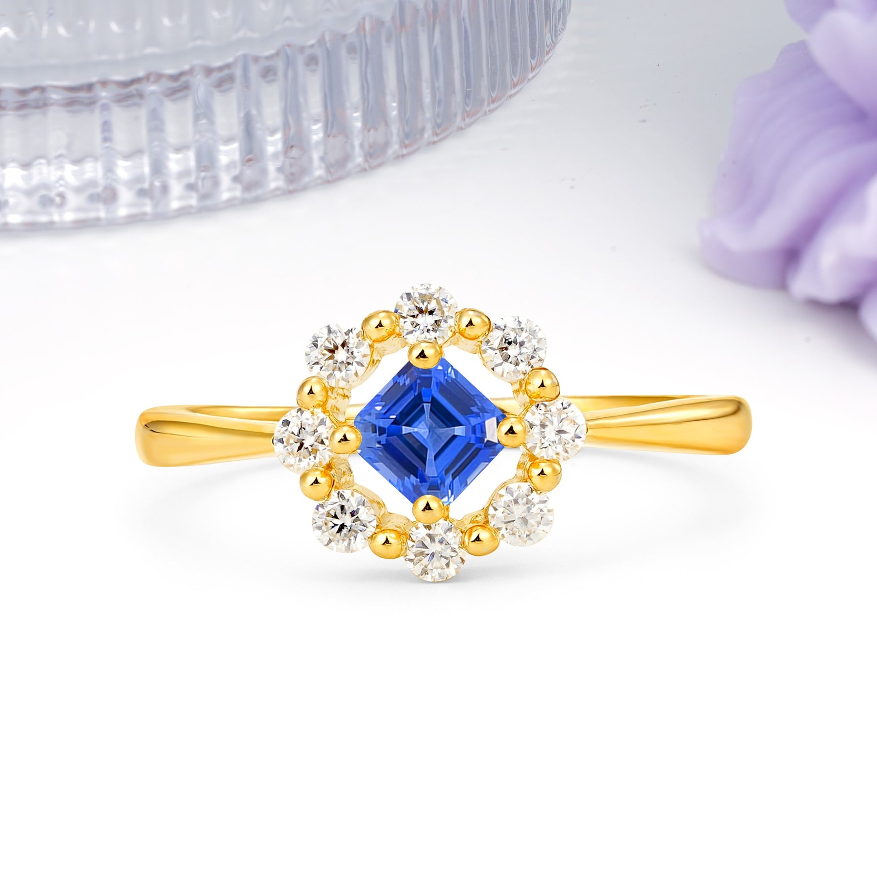 Dainty Plain Polished Band Radiant Flower Halo Princess Cut Sapphire Engagement Ring - Additional view