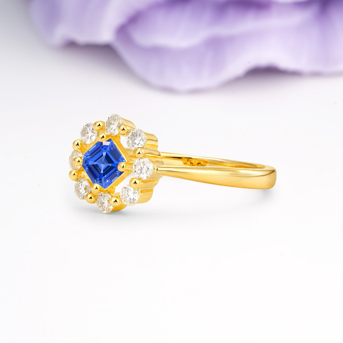 Dainty Plain Polished Band Radiant Flower Halo Princess Cut Sapphire Engagement Ring - Additional view