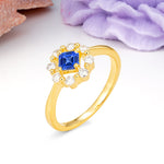 Dainty Plain Polished Band Radiant Flower Halo Princess Cut Sapphire Engagement Ring - Additional view