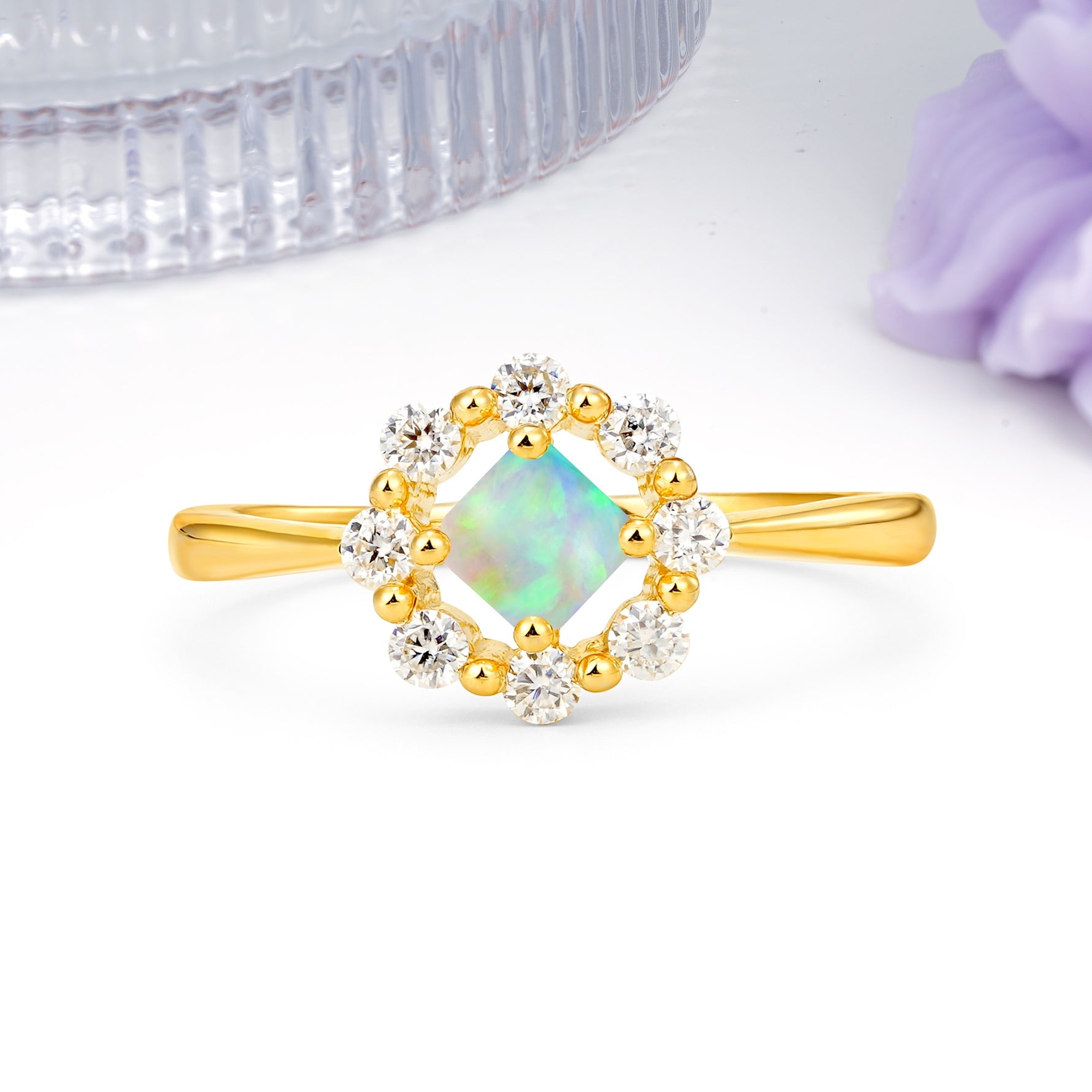 Dainty Plain Polished Band Radiant Flower Halo Princess Cut Fire Opal Engagement Ring - Additional view