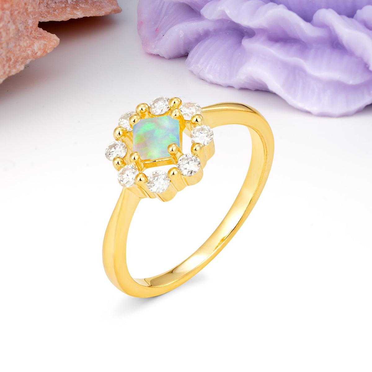 Dainty Plain Polished Band Radiant Flower Halo Princess Cut Fire Opal Engagement Ring - Additional view