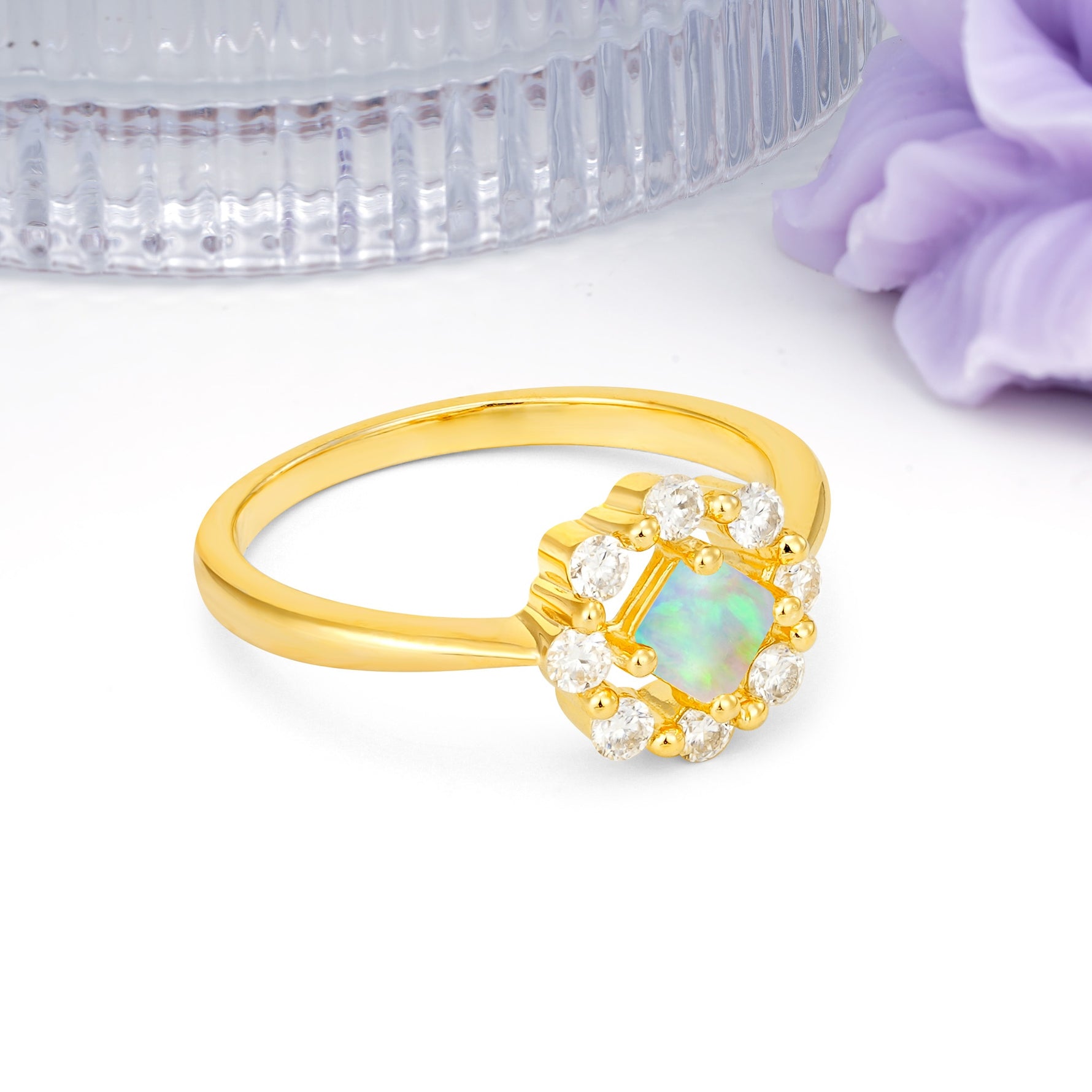 Dainty Plain Polished Band Radiant Flower Halo Princess Cut Fire Opal Engagement Ring - Additional view