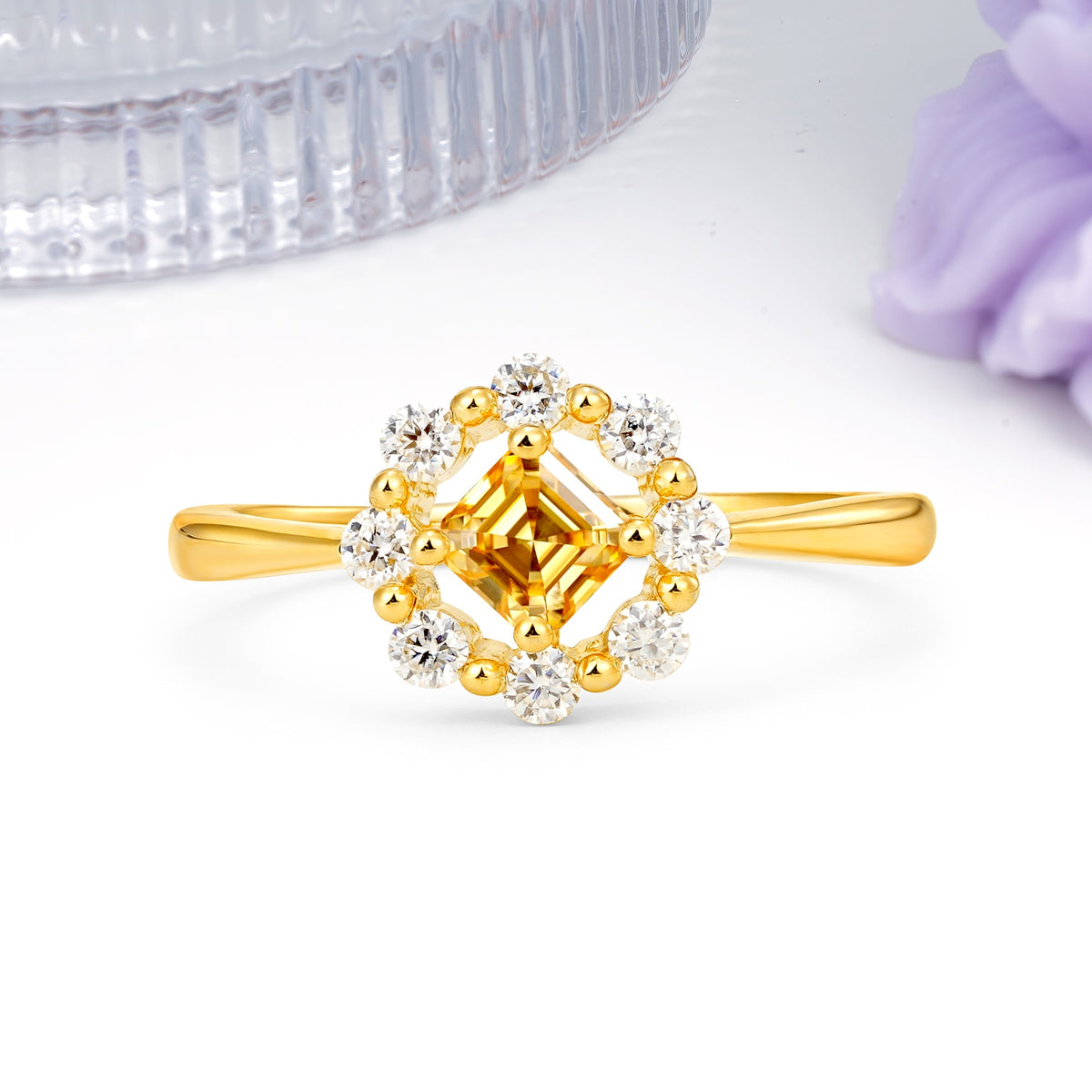 Dainty Plain Polished Band Radiant Flower Halo Princess Cut Citrine Engagement Ring - Additional view