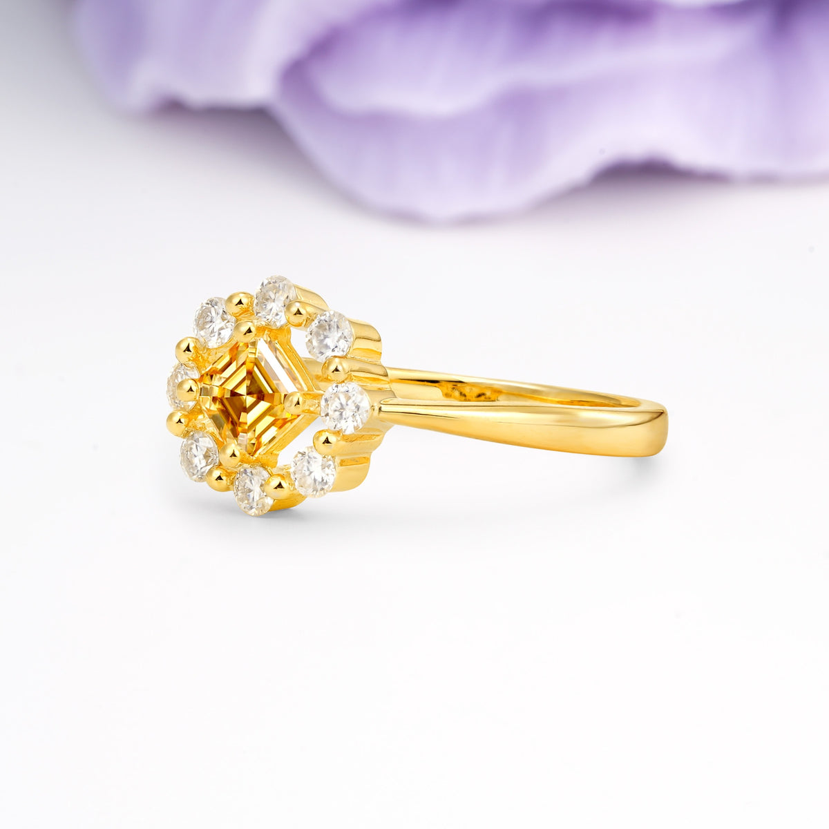 Dainty Plain Polished Band Radiant Flower Halo Princess Cut Citrine Engagement Ring - Additional view