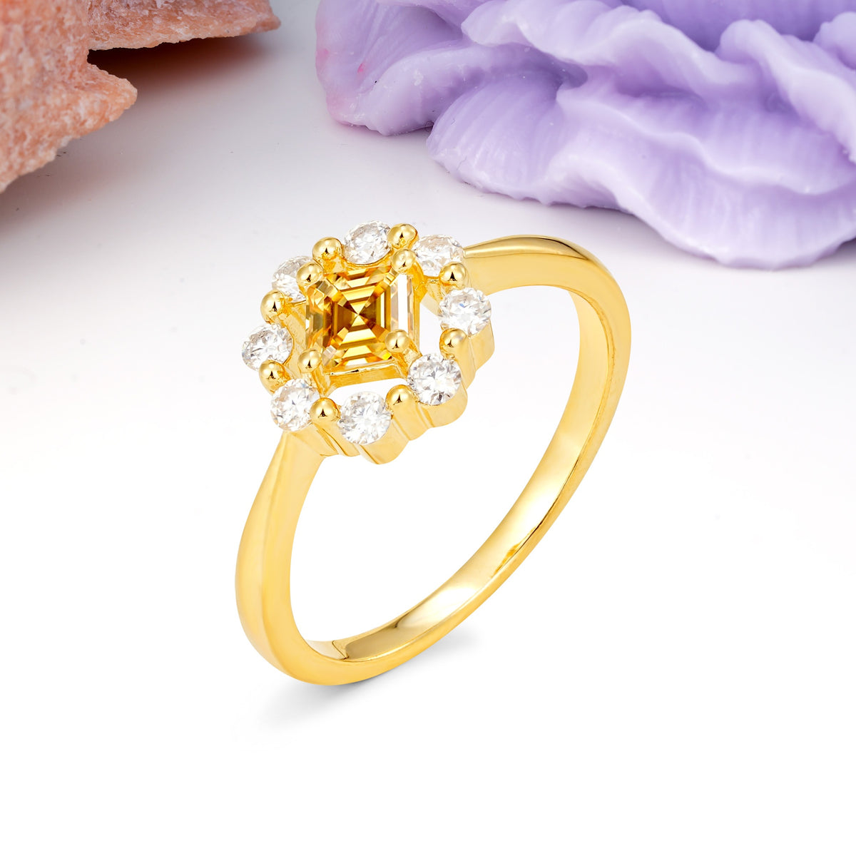 Dainty Plain Polished Band Radiant Flower Halo Princess Cut Citrine Engagement Ring - Additional view