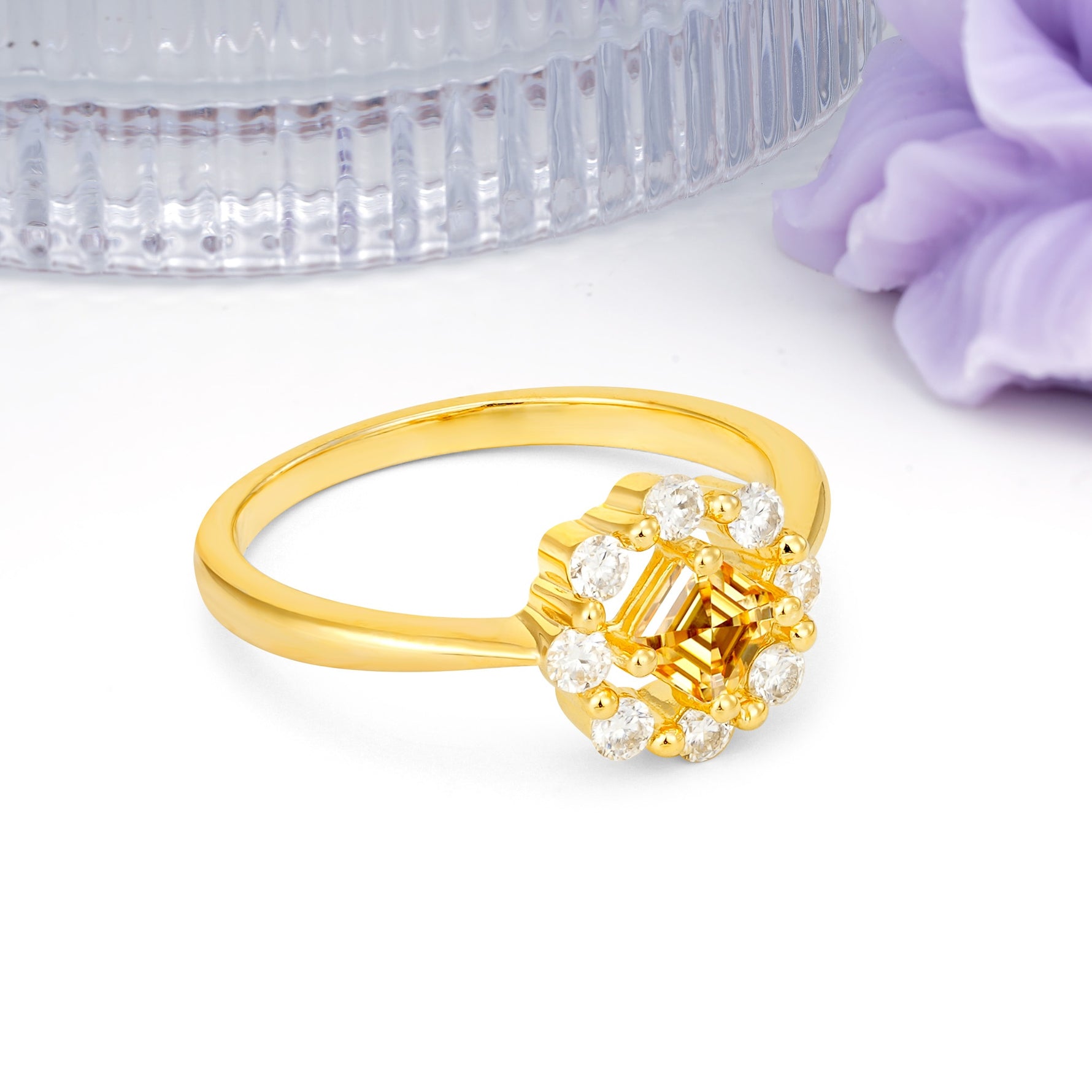 Dainty Plain Polished Band Radiant Flower Halo Princess Cut Citrine Engagement Ring - Additional view