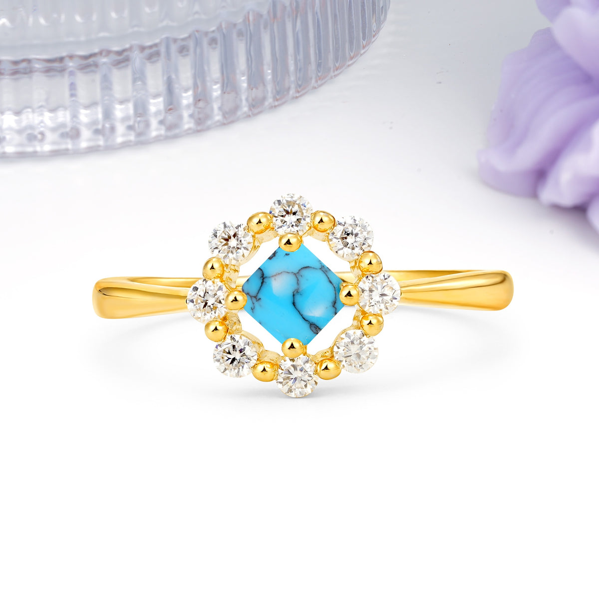 Dainty Plain Polished Band Radiant Flower Halo Princess Cut Turquoise Engagement Ring - Additional view