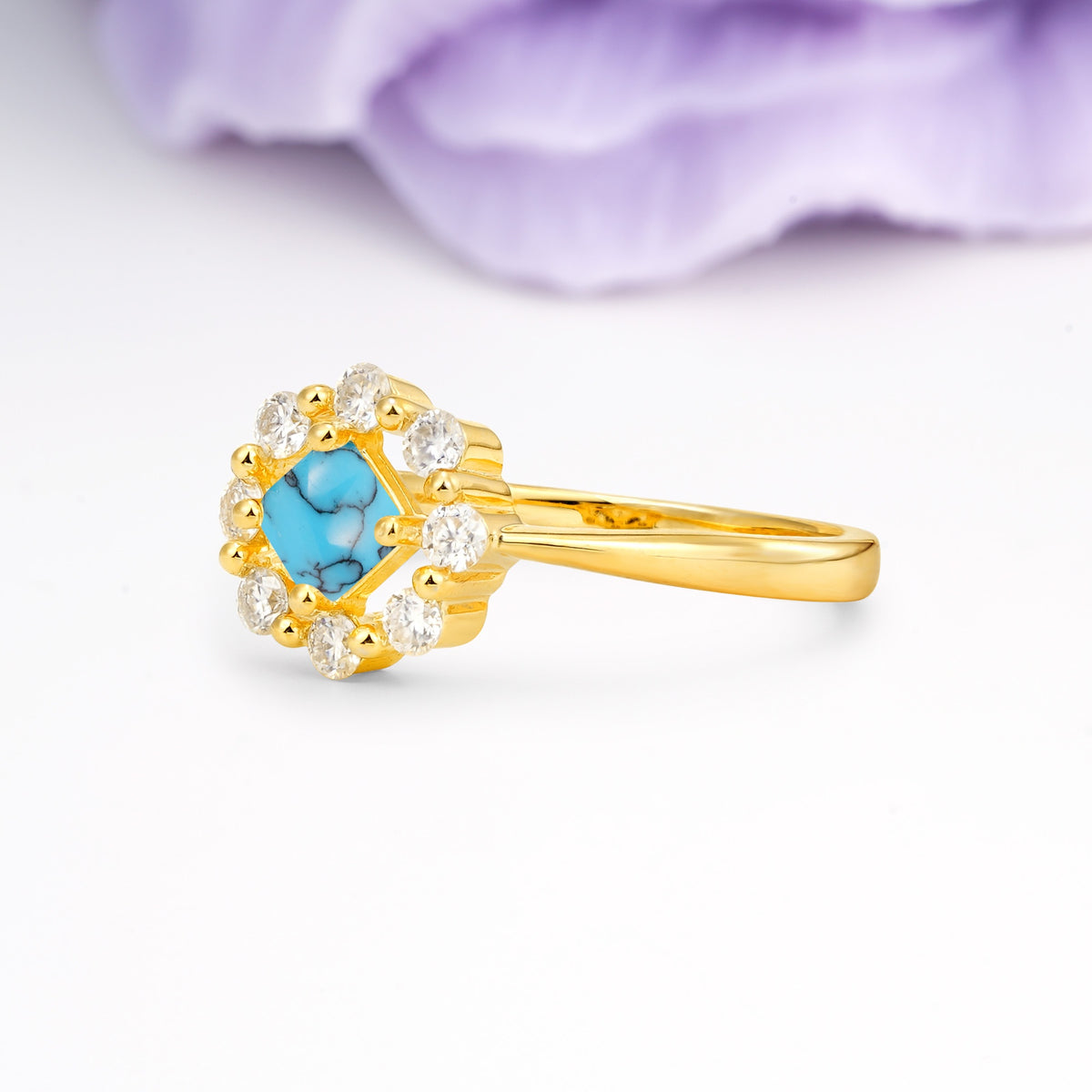 Dainty Plain Polished Band Radiant Flower Halo Princess Cut Turquoise Engagement Ring - Additional view