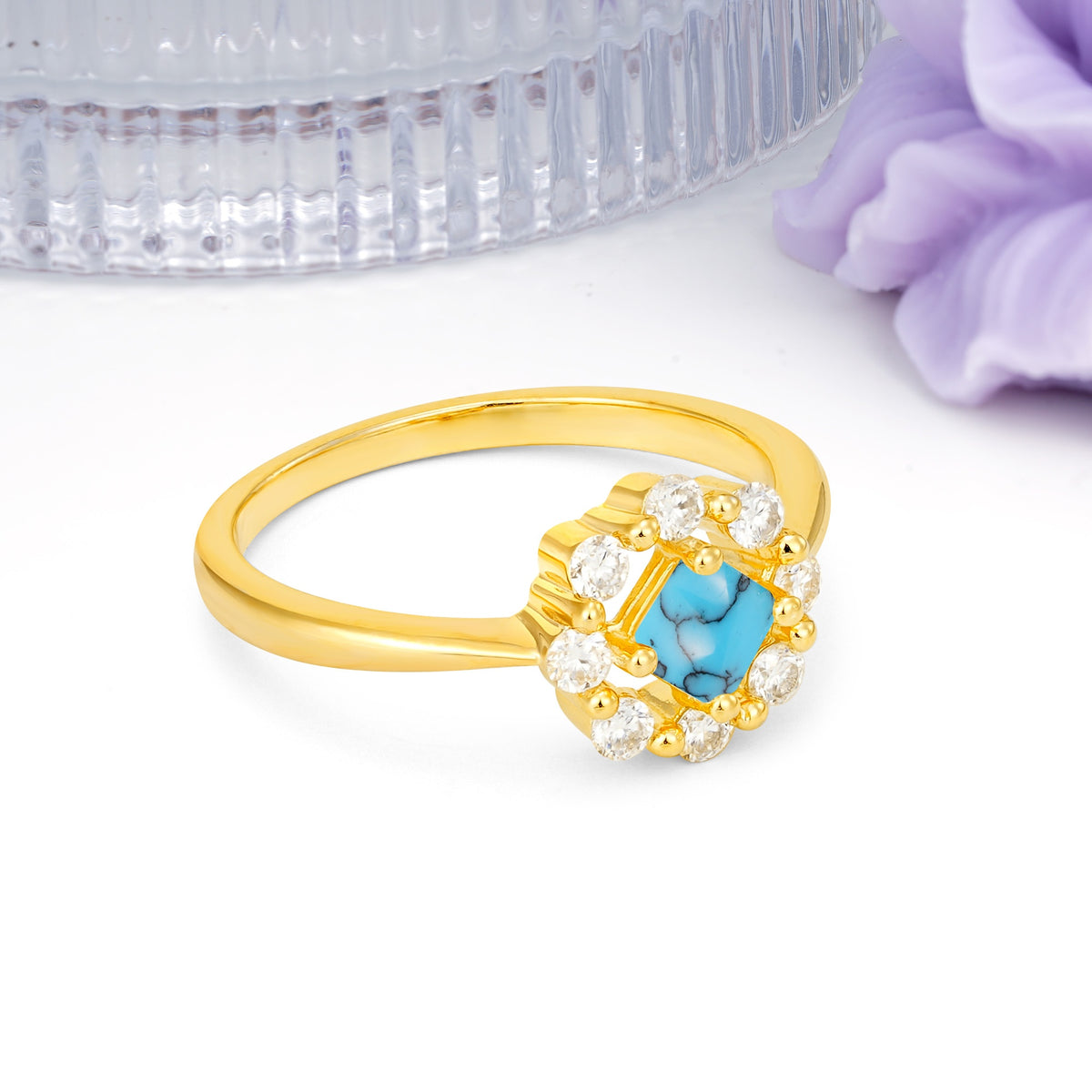 Dainty Plain Polished Band Radiant Flower Halo Princess Cut Turquoise Engagement Ring - Additional view