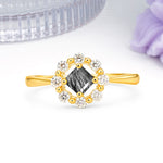 Dainty Plain Polished Band Radiant Flower Halo Princess Cut Black Rutilated Quartz Engagement Ring - Additional view