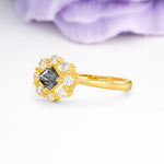 Dainty Plain Polished Band Radiant Flower Halo Princess Cut Black Rutilated Quartz Engagement Ring - Additional view