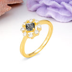 Dainty Plain Polished Band Radiant Flower Halo Princess Cut Black Rutilated Quartz Engagement Ring - Additional view