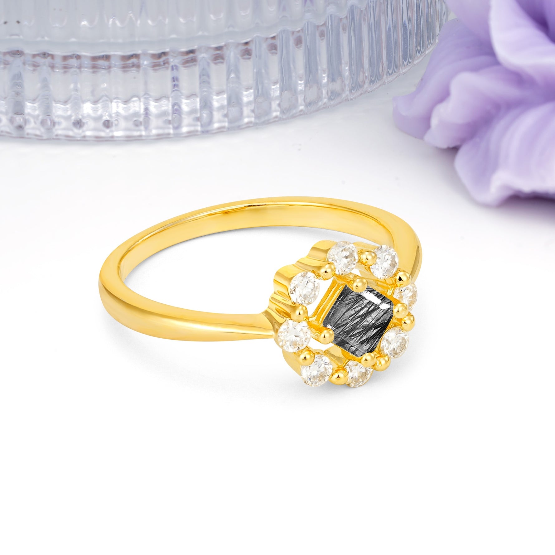 Dainty Plain Polished Band Radiant Flower Halo Princess Cut Black Rutilated Quartz Engagement Ring - Additional view
