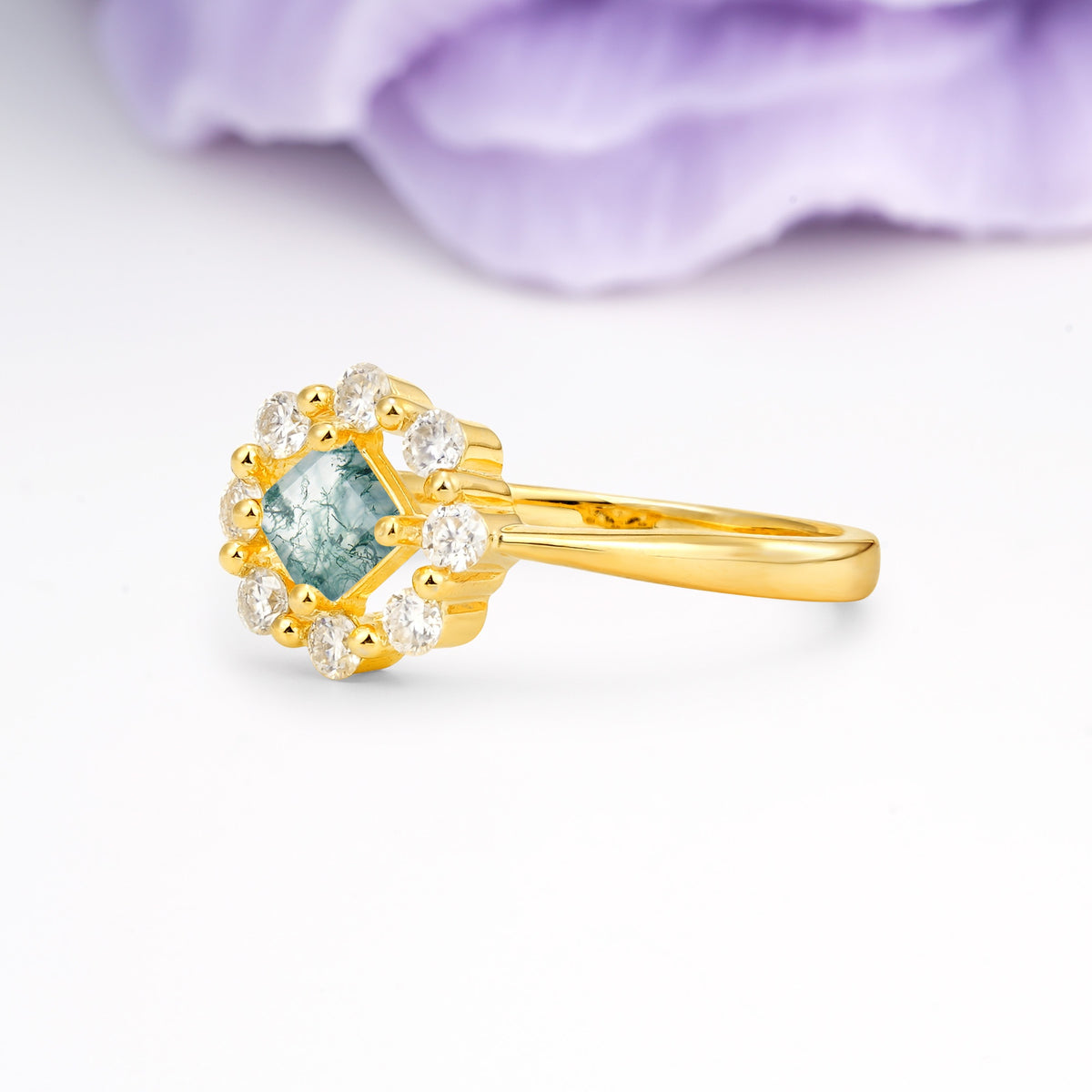 Dainty Plain Polished Band Radiant Flower Halo Princess Cut Moss Agate Engagement Ring - Additional view