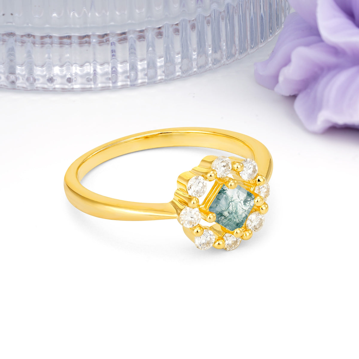 Dainty Plain Polished Band Radiant Flower Halo Princess Cut Moss Agate Engagement Ring - Additional view