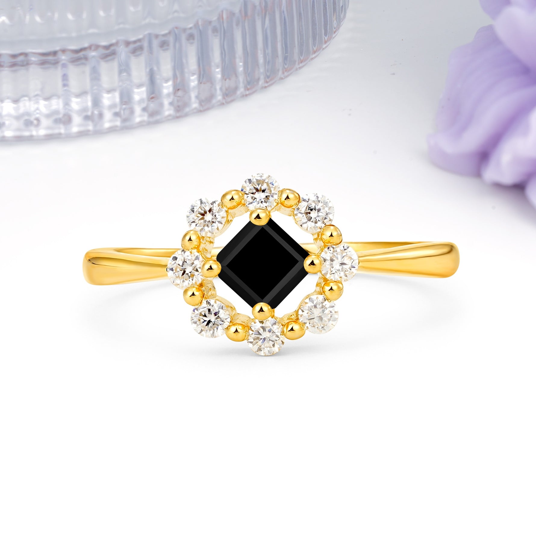 Dainty Plain Polished Band Radiant Flower Halo Princess Cut Black Onyx Engagement Ring - Additional view