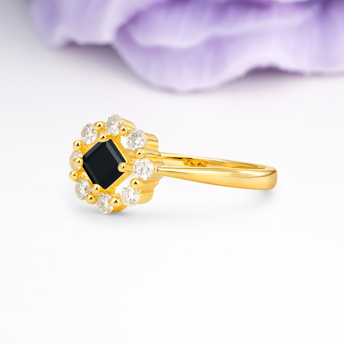 Dainty Plain Polished Band Radiant Flower Halo Princess Cut Black Onyx Engagement Ring - Additional view