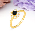 Dainty Plain Polished Band Radiant Flower Halo Princess Cut Black Onyx Engagement Ring - Additional view