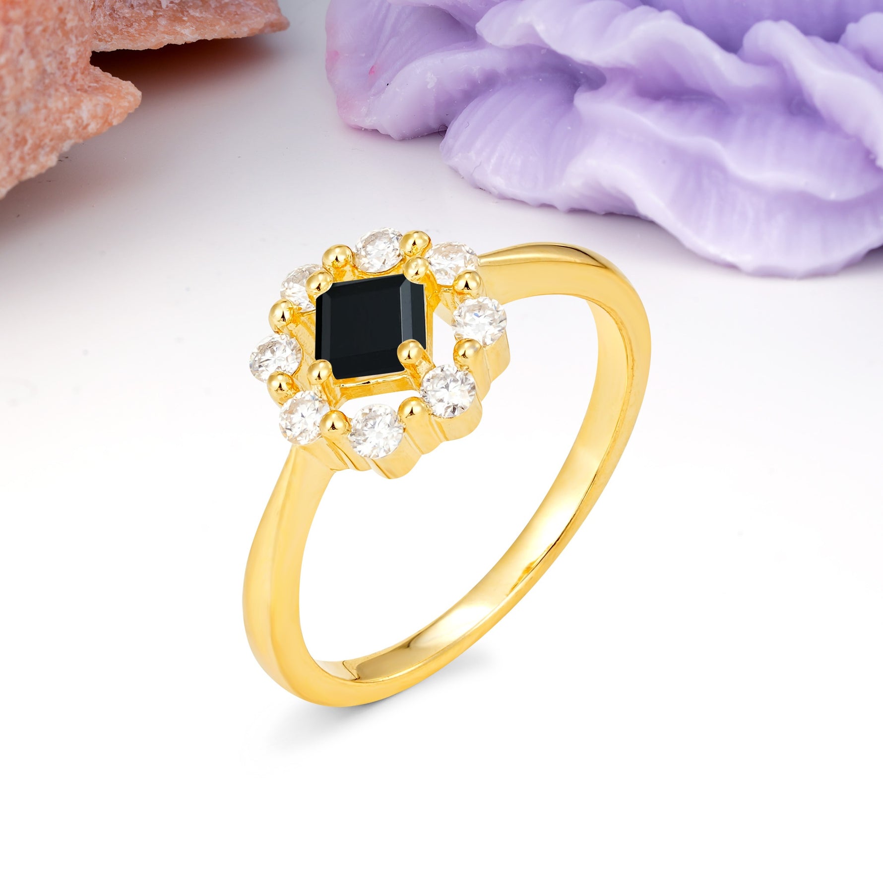 Dainty Plain Polished Band Radiant Flower Halo Princess Cut Black Onyx Engagement Ring - Additional view