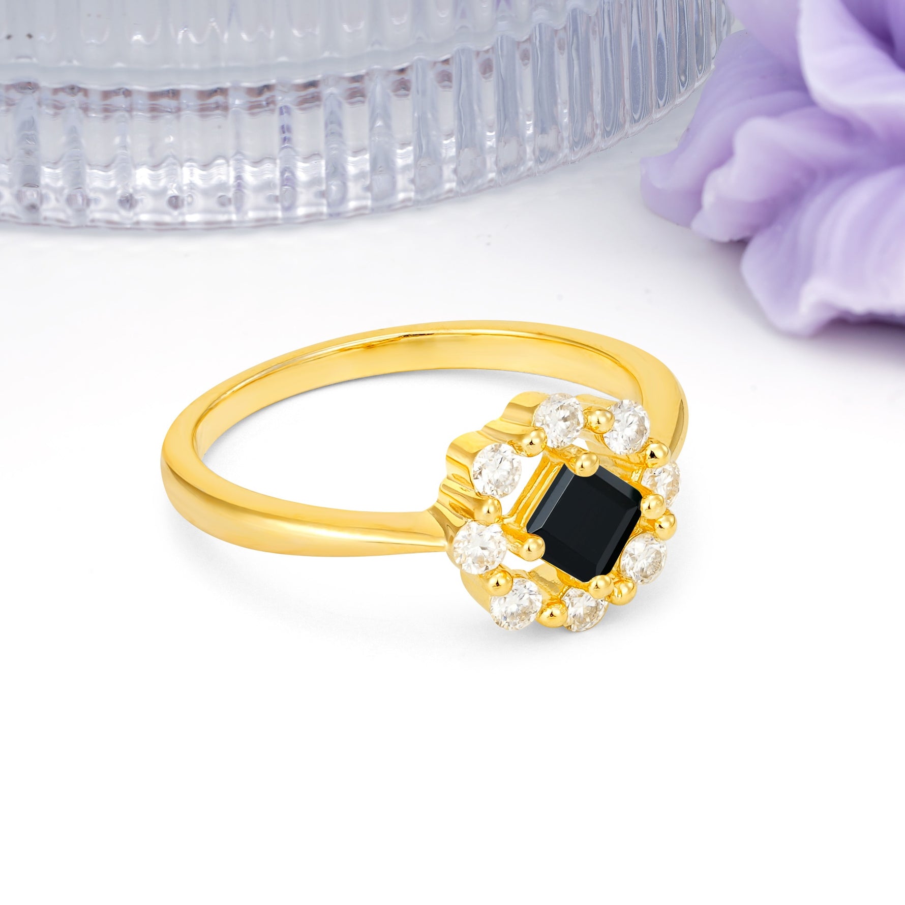 Dainty Plain Polished Band Radiant Flower Halo Princess Cut Black Onyx Engagement Ring - Additional view