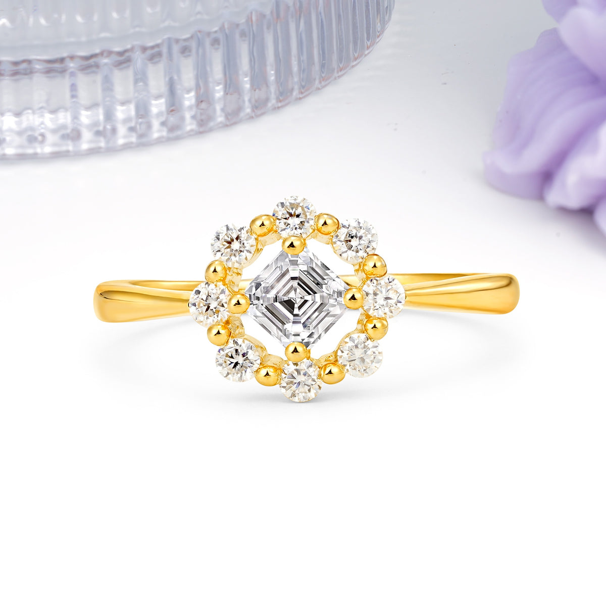 Dainty Plain Polished Band Radiant Flower Halo Princess Cut Lab Diamond Engagement Ring - Additional view
