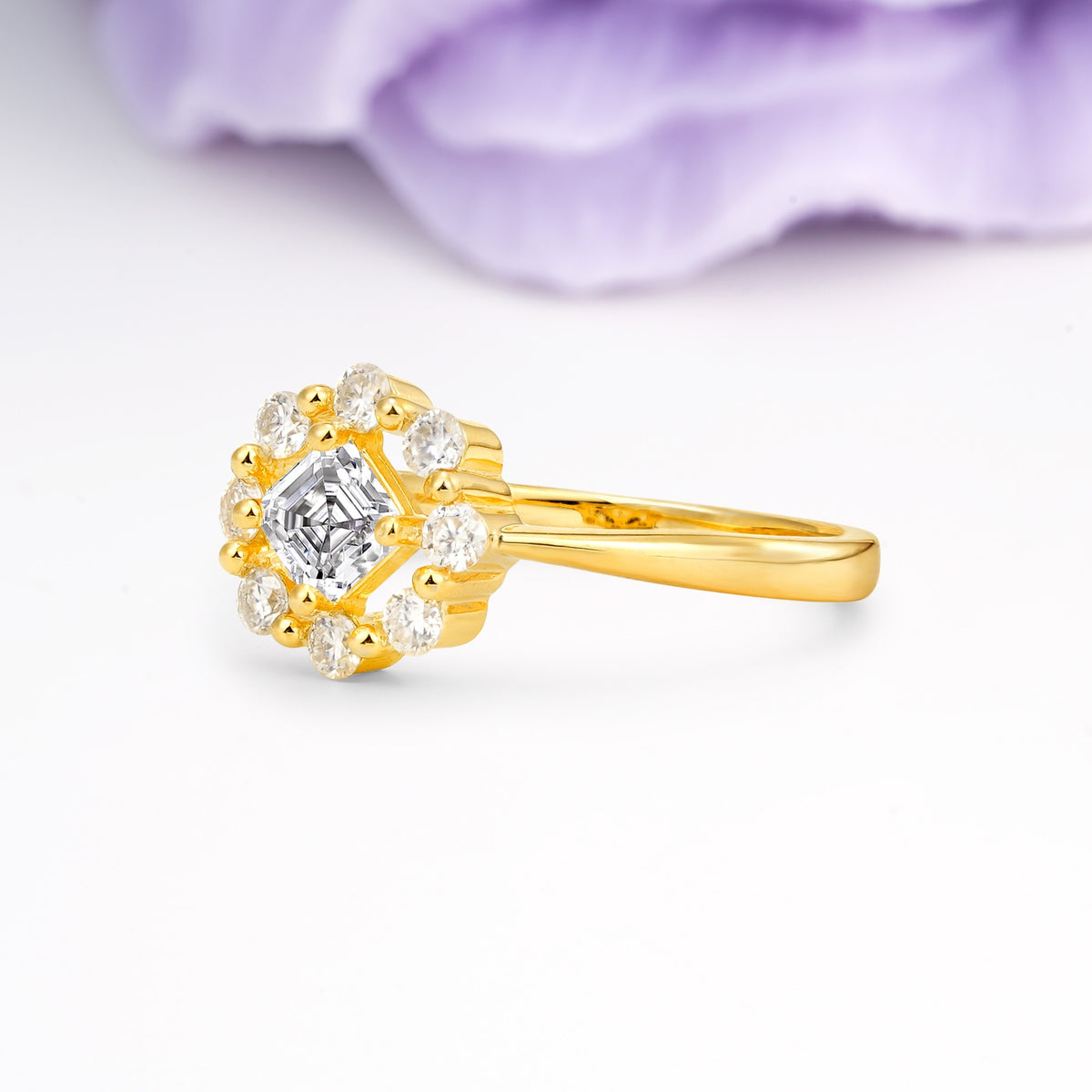 Dainty Plain Polished Band Radiant Flower Halo Princess Cut Lab Diamond Engagement Ring - Additional view