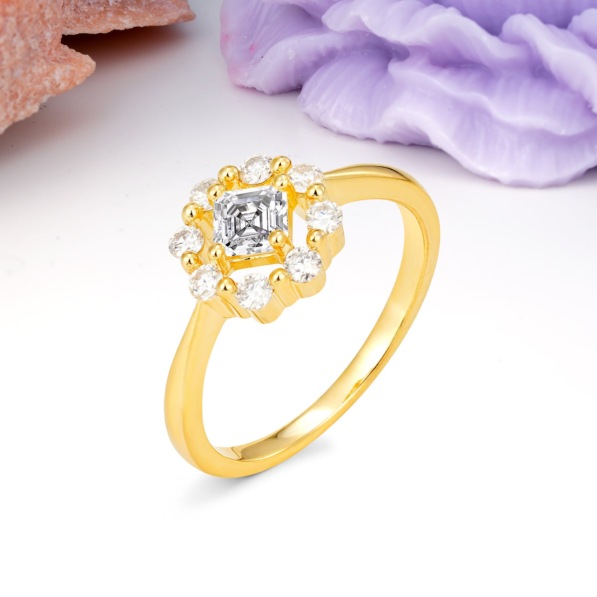 Dainty Plain Polished Band Radiant Flower Halo Princess Cut Lab Diamond Engagement Ring - Additional view