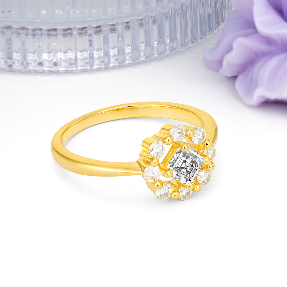 Dainty Plain Polished Band Radiant Flower Halo Princess Cut Lab Diamond Engagement Ring - Additional view