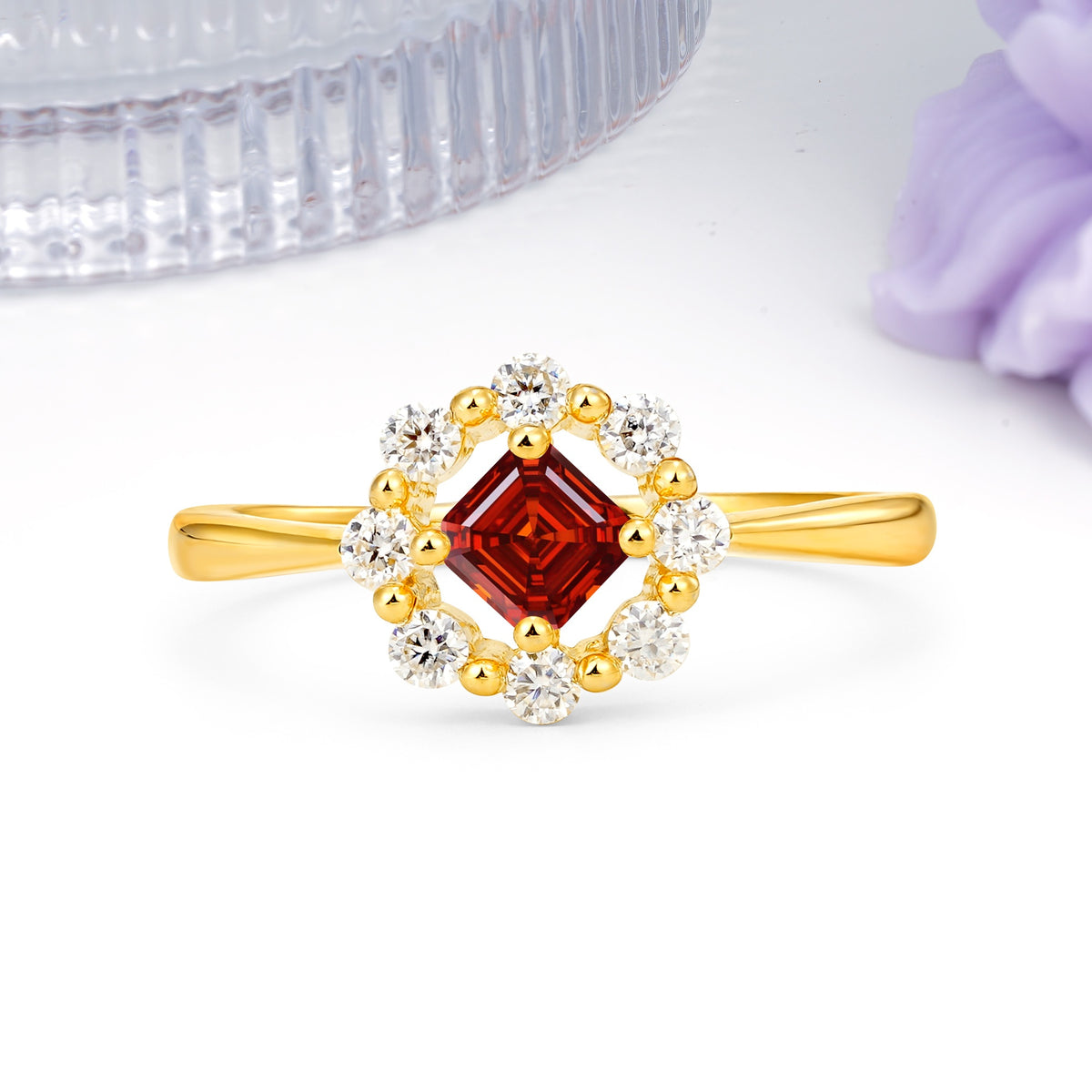 Dainty Plain Polished Band Radiant Flower Halo Princess Cut Garnet Engagement Ring - Additional view