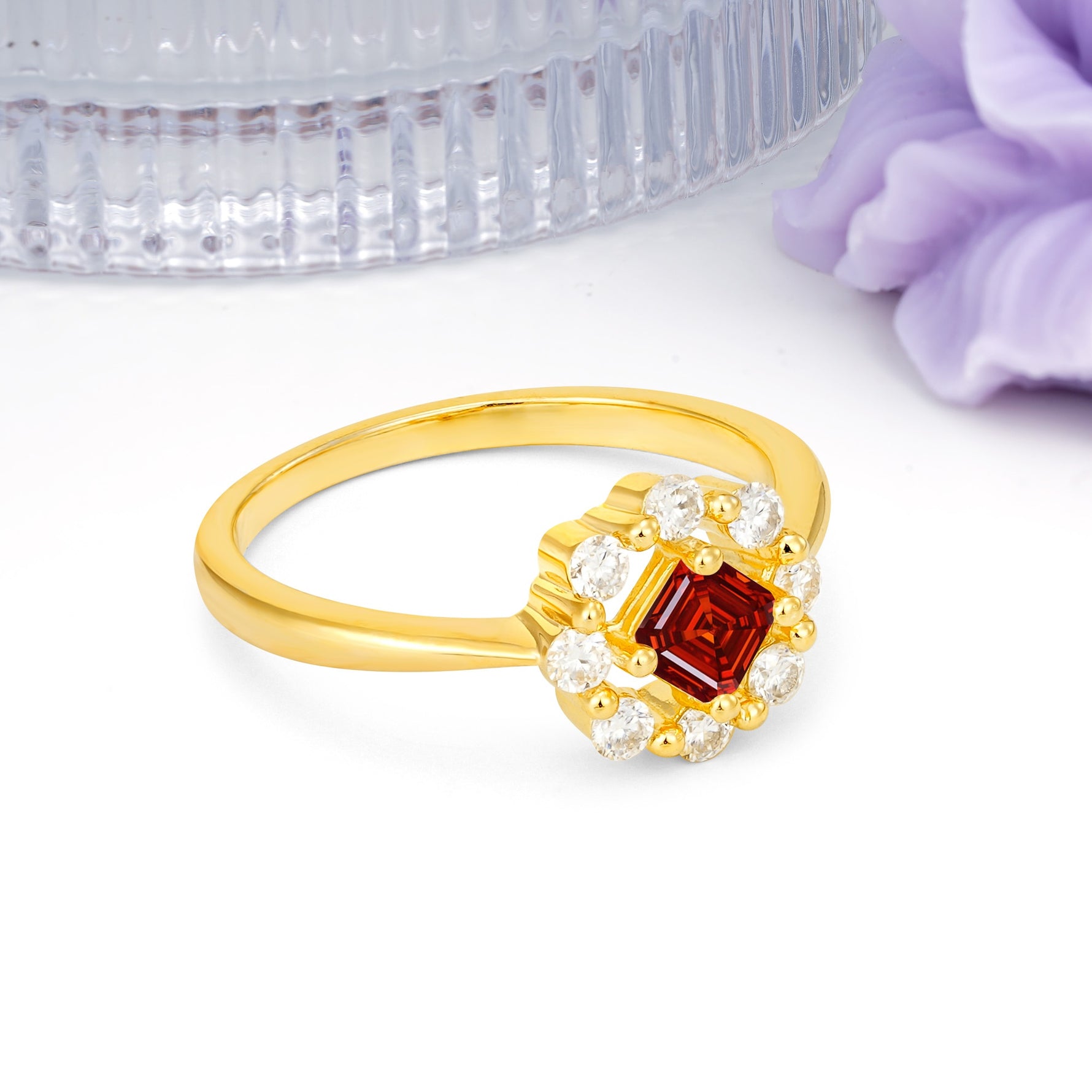 Dainty Plain Polished Band Radiant Flower Halo Princess Cut Garnet Engagement Ring - Additional view