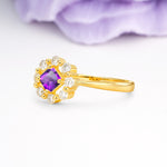 Dainty Plain Polished Band Radiant Flower Halo Princess Cut Amethyst Engagement Ring - Additional view