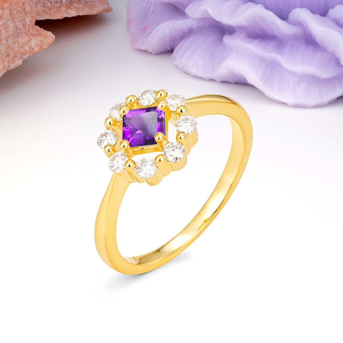 Dainty Plain Polished Band Radiant Flower Halo Princess Cut Amethyst Engagement Ring - Additional view