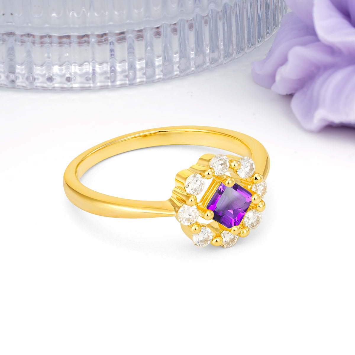 Dainty Plain Polished Band Radiant Flower Halo Princess Cut Amethyst Engagement Ring - Additional view