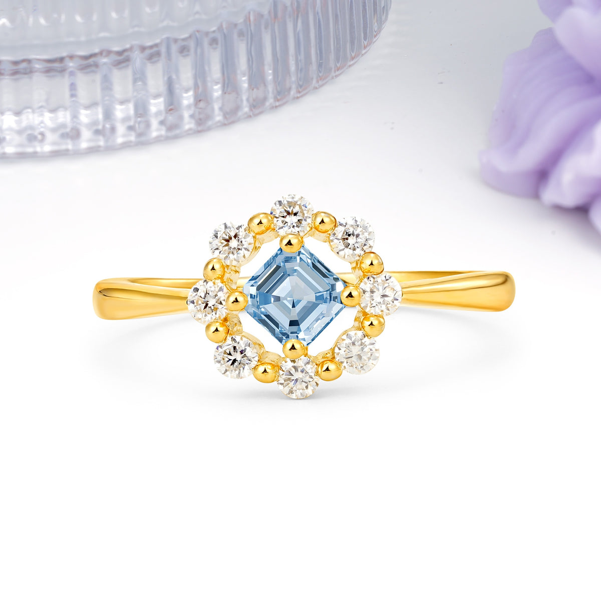 Dainty Plain Polished Band Radiant Flower Halo Princess Cut Aquamarine Engagement Ring - Additional view