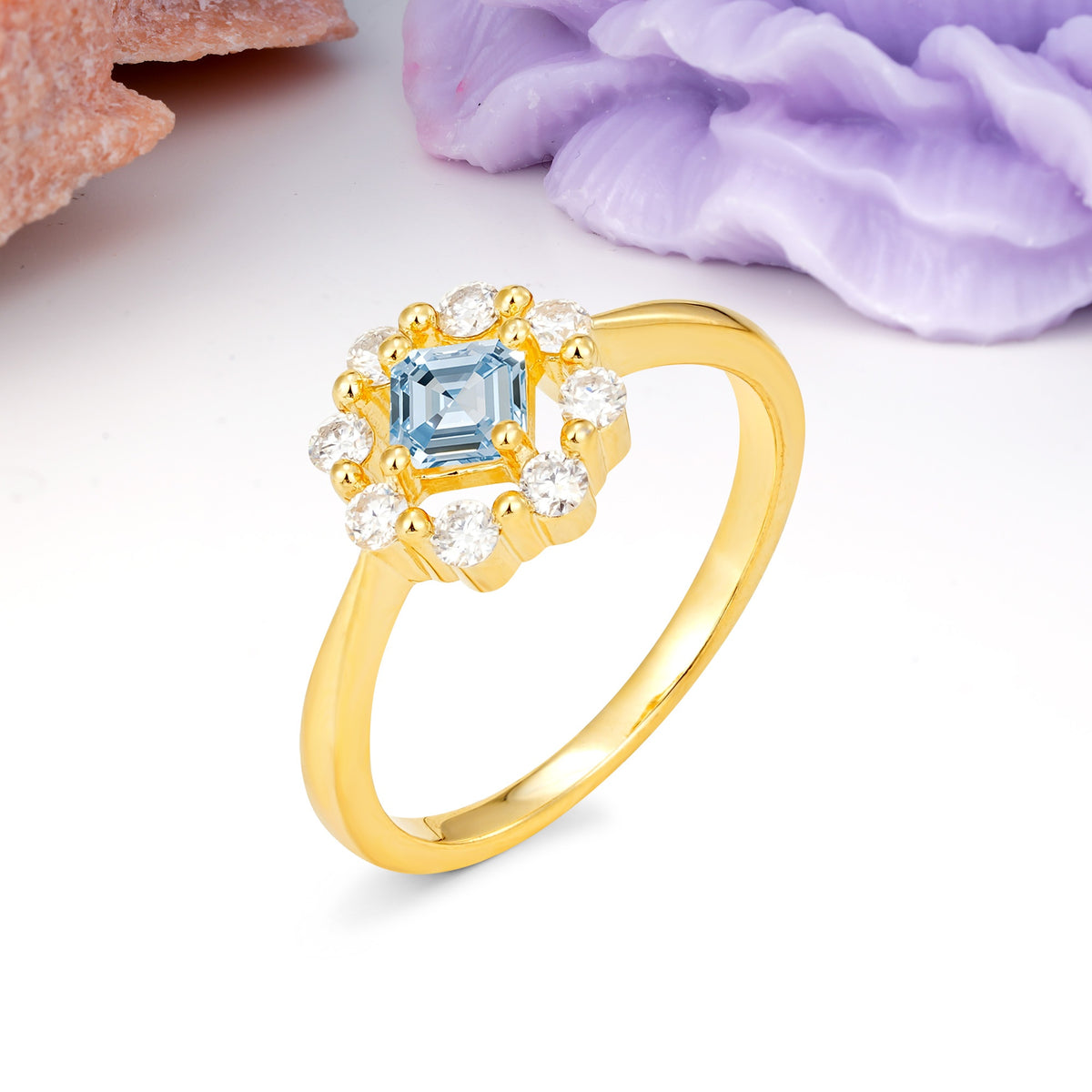 Dainty Plain Polished Band Radiant Flower Halo Princess Cut Aquamarine Engagement Ring - Additional view