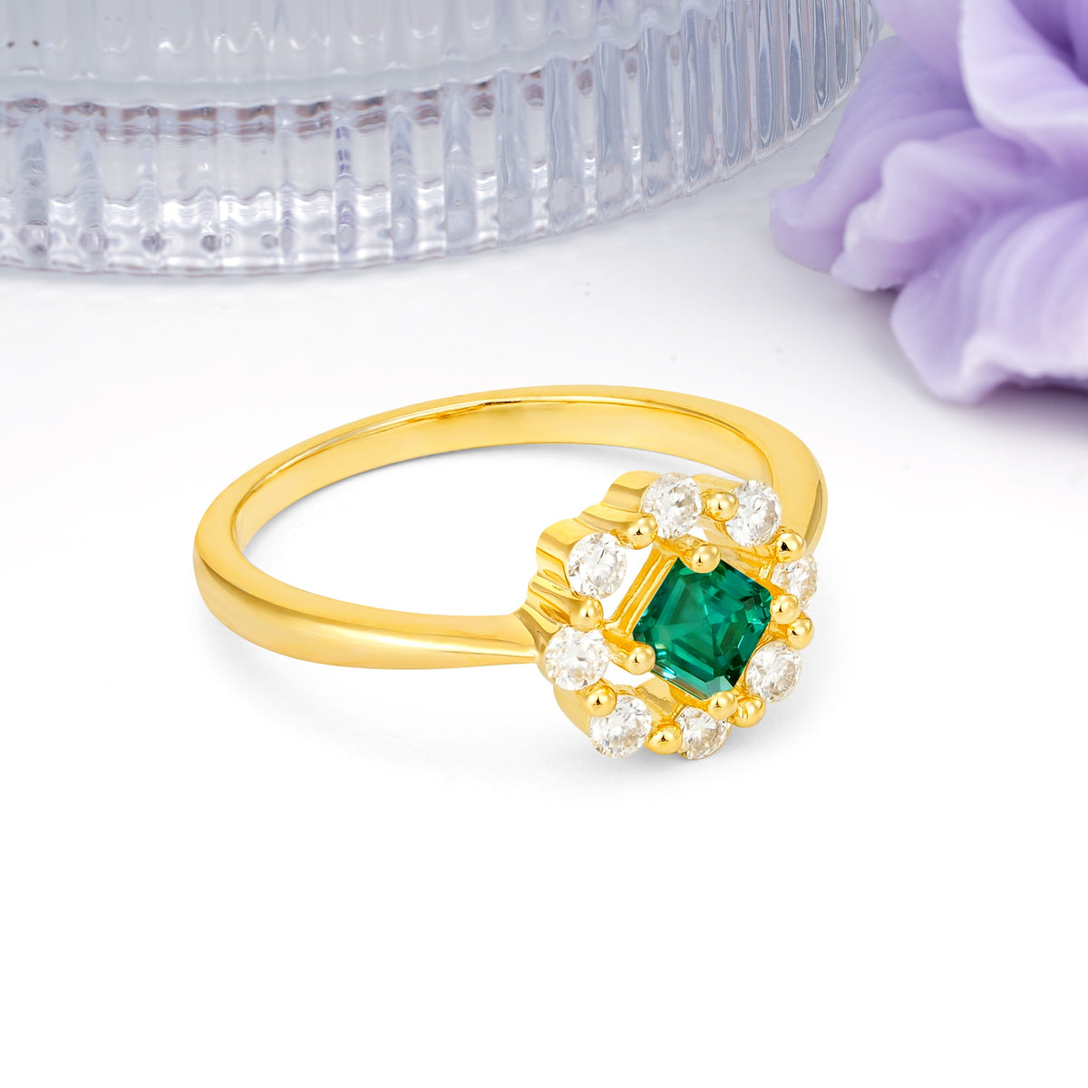 Dainty Plain Polished Band Radiant Flower Halo Princess Cut Emerald Engagement Ring - Additional view