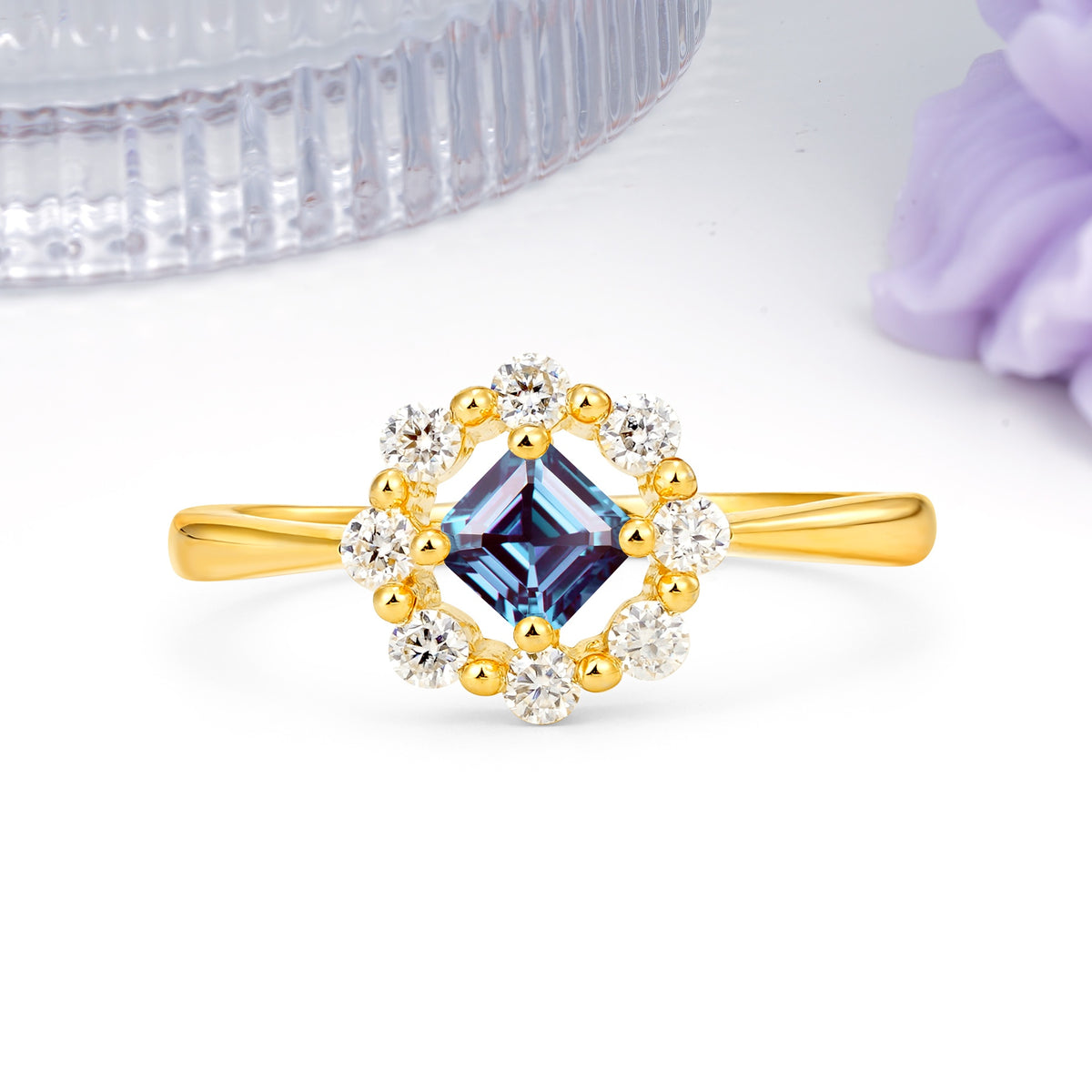 Dainty Plain Polished Band Radiant Flower Halo Princess Cut Alexandrite Engagement Ring - Additional view